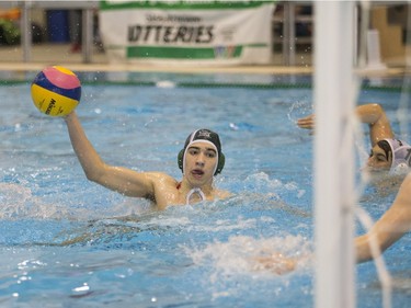 Team Saskatchewan player Bruno Marunica takes a shot against Team Saanich during the 16U National League Men's and Women's Western Conference water polo championships at the Shaw Centre on Sunday, April 10th, 2016.