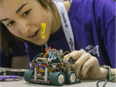 Anna Shearer of Allan High School with a little fine tuning of her robot preparing to do battle at the eighth annual Polytechnic Sumobot Robot Rumble, April 14, 2016.