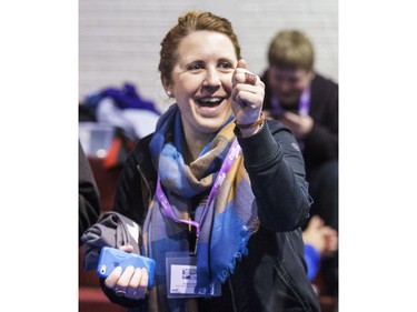 Instructors cheering on their students like Jocelyn Hofmann from Holy Cross High School in Saskatoon at the 8th annual Polytechnic Sumobot Robot Rumble,  April 14, 2016.