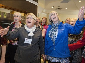 Members of Sweet Adeline region 26 had a flash mob in the lobby of the Hilton Garden Inn,  April 15, 2016.