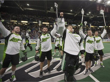 Saskatchewan Rush back-up goalie #30 Tyler Carlson and his teammates celebrate the win over the Colorado Mammoth in NLL action on April 16, 2016.