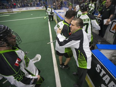 Saskatchewan Rush owner Bruce Urban congratulates his team for their win over the Colorado Mammoth in NLL action on Saturday, April 16th, 2016.