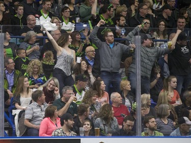 Saskatchewan Rush fans celebrate a goal against the Colorado Mammoth in NLL action on Saturday, April 16th, 2016.