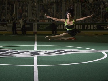 The Saskatchewan Crush perform between parodies as the Saskatchewan Rush take on the Colorado Mammoth in NLL action on Saturday, April 16th, 2016.