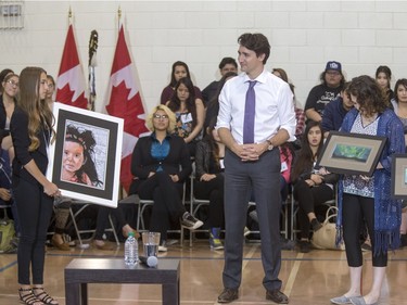 Prime Minister Justin Trudeau was presented with many gifts after speaking and answering questions at an assembly at Oskayak High School, April 27, 2016. Trudeau visited the Aboriginal Youth Entrepreneurship Program during the school tour.