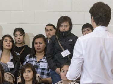 Prime Minister Justin Trudeau answers students' questions at Oskayak High School after touring the school and the Aboriginal Youth Entrepreneurship Program, April 27, 2016.