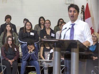 Prime Minister Justin Trudeau speaks at an assembly at Oskayak High School after touring the school and the Aboriginal Youth Entrepreneurship Program, April 27, 2016.