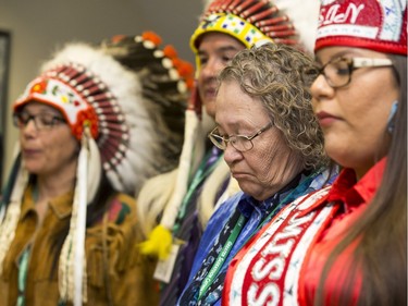 Prime Minister Justin Trudeau was greeted with songs at an assembly, a morning ritual at Oskayak High School, after touring the school and the Aboriginal Youth Entrepreneurship Program, April 27, 2016.