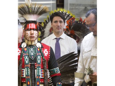 Prime Minister Justin Trudeau was at Oskayak High School preparing for the grand entry into the school's gymnasium after a tour of the school and the Aboriginal Youth Entrepreneurship Program, April 27, 2016.