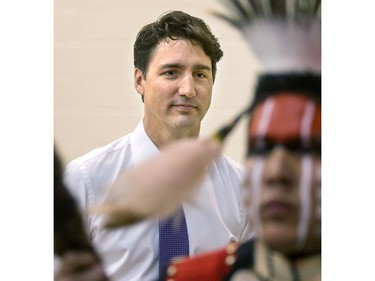 Prime Minister Justin Trudeau was at Oskayak High School walking in the grand entry into the school's gymnasium after a tour of the school and the Aboriginal Youth Entrepreneurship Program, April 27, 2016.