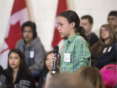 Prime Minister Justin Trudeau answers students' questions at Oskayak High School after touring the school and the Aboriginal Youth Entrepreneurship Program, April 27, 2016.