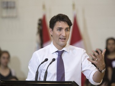 Prime Minister Justin Trudeau speaks at an assembly at Oskayak High School after touring the school and the Aboriginal Youth Entrepreneurship Program, April 27, 2016.