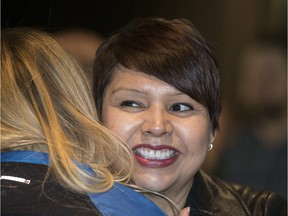 Jennifer Campeau, arrives at the Sask Party headquarters in Saskatoon,  April 4, 2016.