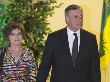 Don Morgan and his wife Sandy arrive at the SaskParty headquarters in Saskatoon, April 4, 2016.