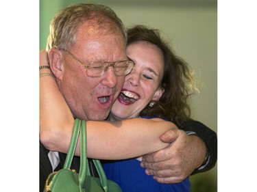 An excited Bronwyn Eyre with party faithfuls celebrates at the SaskParty headquarters in Saskatoon, April 4, 2016.