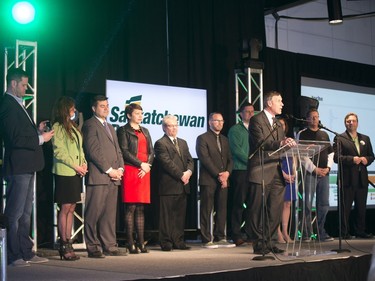 Saskatoon's SaskParty candidates on stage at the SaskParty headquarters in Saskatoon, April 4, 2016.