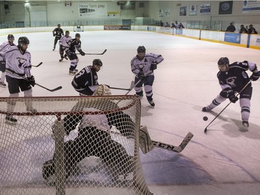 The Shellbrook Elks hockey team — built around ex U of S Huskies, Saskatoon Contacts, and P.A. Minto players — was practicing at ACT Rink in Saskatoon with the team headed to the Allan Cup, a senior AAA men's championship, April 5, 2016.