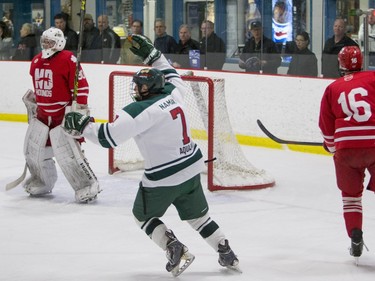 Winnipeg Wild forward Brett Namaka celebrates a goal against the Notre Dame Hounds during a Telus Cup west regional game at Rod Hamm Memorial Arena in Saskatoon, March 31, 2016.