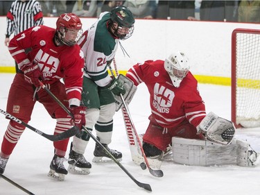 Notre Dame Hounds' Cody Thompson (L) looks on as his goalie Tanner Douglas stops a shot from Winnipeg Wild forward Tanner Mole during a Telus Cup west regional game at Rod Hamm Memorial Arena in Saskatoon, March 31, 2016.