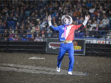 A rodeo clown energizes the crowed during the Saskatoon Summer Rodeo at the Sasktel Centre in Saskatoon, Saskatchewan on Saturday, April 23rd, 2016.