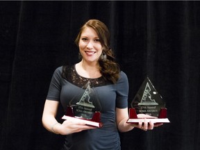 Kelsey Fitch holds her first two Saskatchewan Country Music Association Awards after winning both best video of the year and best song of the year categories at the awards show held at TCU Place  on April 23, 2016.