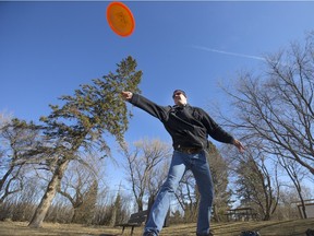 John Kuzma tees off for a round of disc golf in Diefenbaker Park on Monday, April 04, 2016.  It may be a couple days before Kuzma can get out again as the forecast calls for rain and snow.