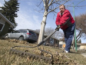 SASKATOON,SK-- April 04/2016  0405 news weather spec --- A user signor spring as Wayne Smith tends to raking his front yard on Jarvis Drive,  Monday, April 04, 2016. (GREG PENDER/STAR PHOENIX)