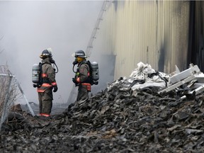 irefighters continue to battle a fire at Shercom Industries in the North Corman Industrial Park north of Saskatoon, Tuesday, April 05, 2016. The fire has been bring all night and the fuel of recycled rubber products has been hard to extinguish. (GREG PENDER/STAR PHOENIX)