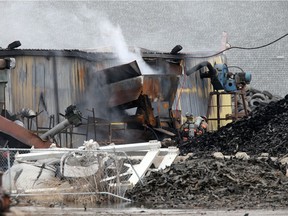 Firefighters continue to battle a fire at Shercom Industries in the North Corman Industrial Park north of Saskatoon, Tuesday, April 05, 2016.