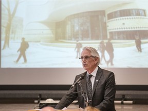 University of Saskatchewan President Peter Stoicheff delivers his first address to the General Academic Assembly Friday afternoon.