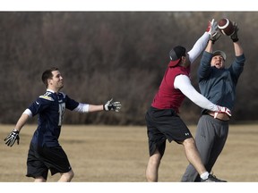 SASKATOON,SK-- April 11/2016  0412 news weather --- The weather in Saskatoon warmed up enough for shorts as members of the flag football team North of Haag practice in  G.D. Archibald Park,  Monday, April 11, 2016. (GREG PENDER/STAR PHOENIX)