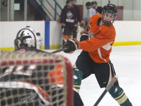 SASKATOON,SK-- April 12/2016 -- Elli Lieffers of the Saskatoon Contacts at practice, Tuesday, April 12, 2016 at Rod Hamm Memorial Arena. The Contacts are playing in the Telus Cup in New Brunswick. (GREG PENDER/STAR PHOENIX)