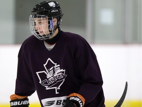 Jonah Bumphrey of the Saskatoon Contacts at practice on April 12, 2016 at Rod Hamm Memorial Arena. The Contacts will play in the Telus Cup in New Brunswick.