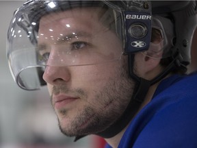 Rhett Kehoe of the Saskatoon Quakers suffered a facial  cut recently, but after he was stitched up has continued to play for the team. He was at practice at Rod Hamm Memorial Arena on April 12, 2016.