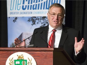 Mayor Don Atchison speaks at a recent State of the City address on April 19, 2016. On Thursday, he thanked the provincial and federal government for a roughly $28 million boost to help with the city's $45 million Boychuk Drive Interchange.