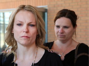 Chastity Barthel, left, speaks outside Saskatoon provincial court on Thursday after the teen who accidentally shot her 15-year-old son was sentenced for criminal negligence causing death.
