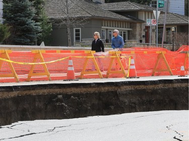 A land slump in the 800 block of Saskatchewan Crescent East, which has closed the road, has created a large sink hole, as seen April 25, 2016.