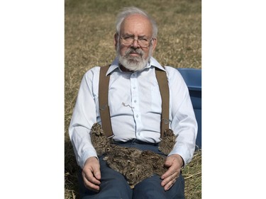 John Polson at Diefenbaker Park with 12 baby hares he rescued from the city, April 27, 2016.