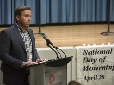 Jesse Todd, Chair, Saskatchewan Asbestos Disease Awareness Organization speaks at Frances Morrison Central Library in Saskatoon for a National Day of Mourning Remembrance Ceremony for workers killed in the last year, April 28, 2016. Candles for workers killed were lit and wreaths laid at the City Hall memorial.