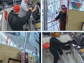 Stills from surveillance footage of an armed robbery at Westmount Foods convenience store on April 11, 2016. Saskatoon police are searching for three suspects. Photos supplied by Saskatoon police.