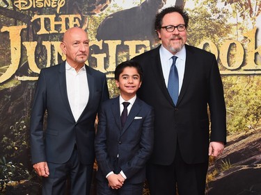 L-R Sir Ben Kingsley, Neel Sethi and Jon Favreau attend the European premiere of "The Jungle Book" at BFI IMAX on April 13, 2016 in London, England.