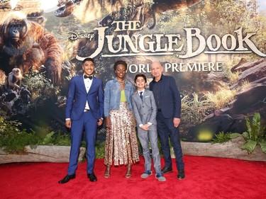 L-R: Actors Ritesh Rajan, Lupita Nyong'o,  Neel Sethi and Ben Kingsley attend the world premiere of Disney's "The Jungle Book" at the El Capitan Theatre on April 4, 2016 in Hollywood, California.