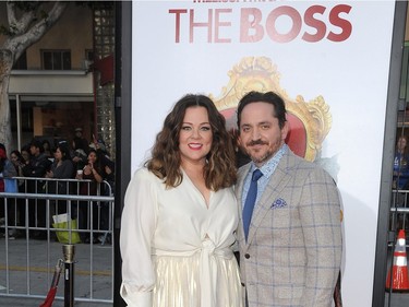 Actor Melissa McCarthy and husband actor/director Ben Falcone attend the Los Angeles premiere of "The Boss" in Westwood, California, on March 28, 2016.