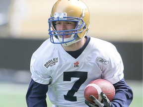 Winnipeg Blue Bombers wide receiver Weston Dressler carries the ball during an offensive mini camp in Winnipeg, Man. Monday April 25, 2016.