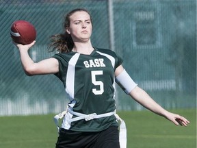 Kate Thorstad of Saskatchewan throws a pass during the under-16 female final at the flag football national championships on May 22, 2016 in Halifax. Photo courtesy Football Canada.