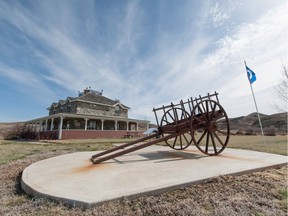 A replica Red River Cart sit on display at Saskatchewan Landing Provincial Park on Monday April 4, 2016. The Metis-designed device was capable of hauling loads up to 400kg, and the wheels could be removed and attached to the bottom, allowing it to float across rivers.