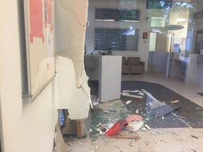 A Scotiabank on the 300 block of 33rd Street West in Saskatoon was in disarray Wednesday, May 18, 2016 after being hit by a vehicle the night before.