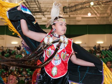 A young dancer takes part in festivities at the University of Saskatchewan Graduation Powwow on May 25, 2016.