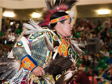 A young dancer takes part in festivities at the University of Saskatchewan Graduation Powwow on May 25, 2016.