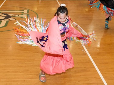 A young dancer takes part in festivities at the University of Saskatchewan Graduation Powwow on May 25, 2016.